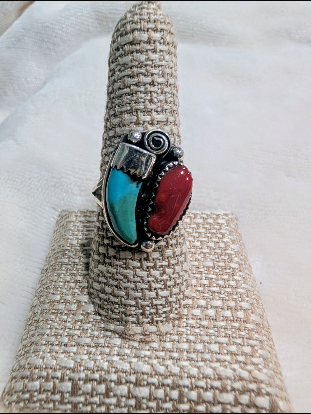 Native Two-Stone Turquoise and Red Coral Sterling Silver Ring